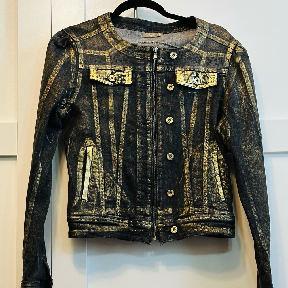 Italy! MARYLEY Jean Jacket Wow Crop Dark w/Distressed Gold Highlights Sz L